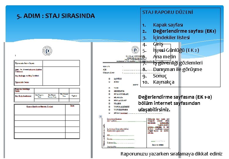 5. ADIM : STAJ SIRASINDA STAJ RAPORU DÜZENİ 1. 2. 3. 4. 5. 6.