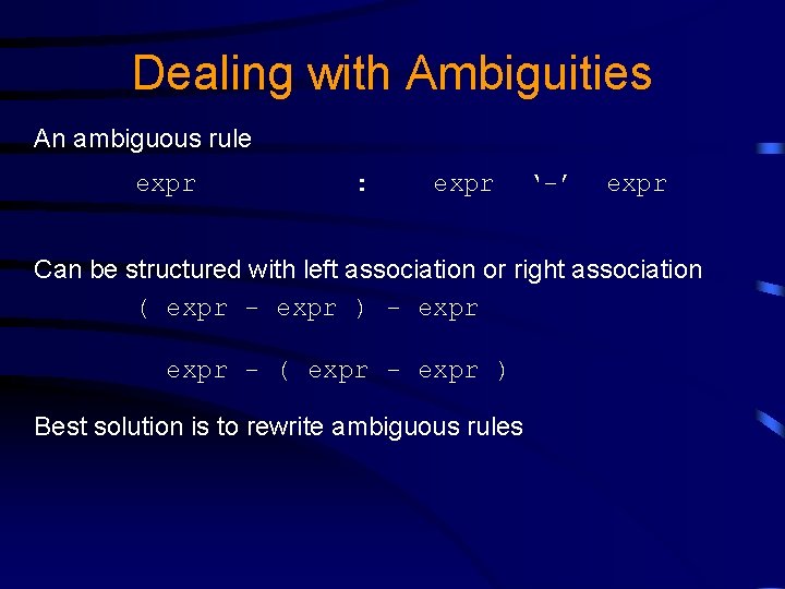 Dealing with Ambiguities An ambiguous rule expr : expr ‘-’ expr Can be structured Dealing with Ambiguities An ambiguous rule expr : expr ‘-’ expr Can be structured