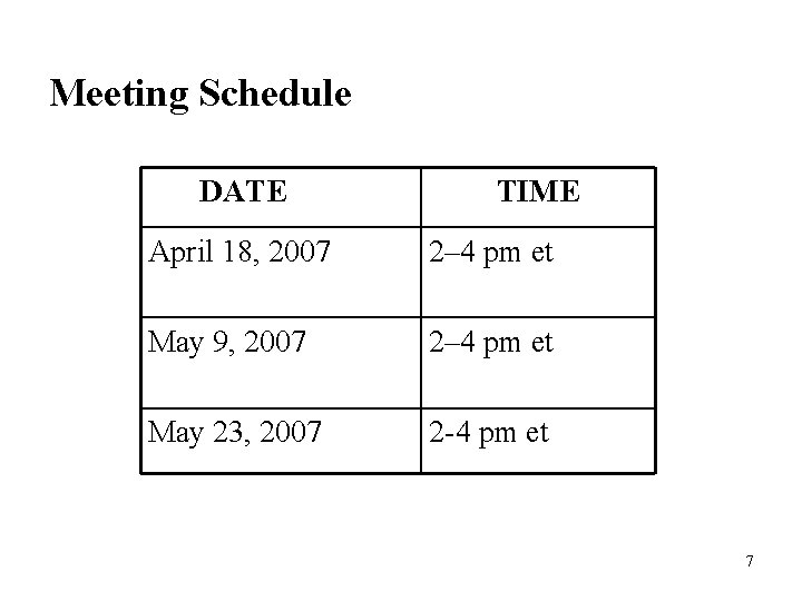 Meeting Schedule DATE TIME April 18, 2007 2– 4 pm et May 9, 2007