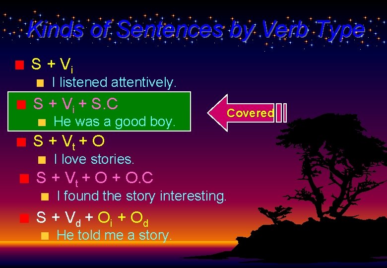 Kinds of Sentences by Verb Type S + Vi I listened attentively. S +