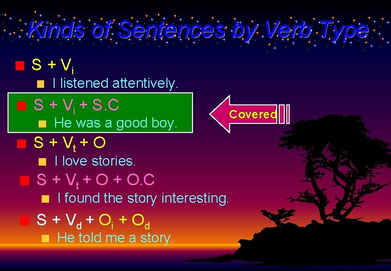 Kinds of Sentences by Verb Type S + Vi I listened attentively. S + Kinds of Sentences by Verb Type S + Vi I listened attentively. S +