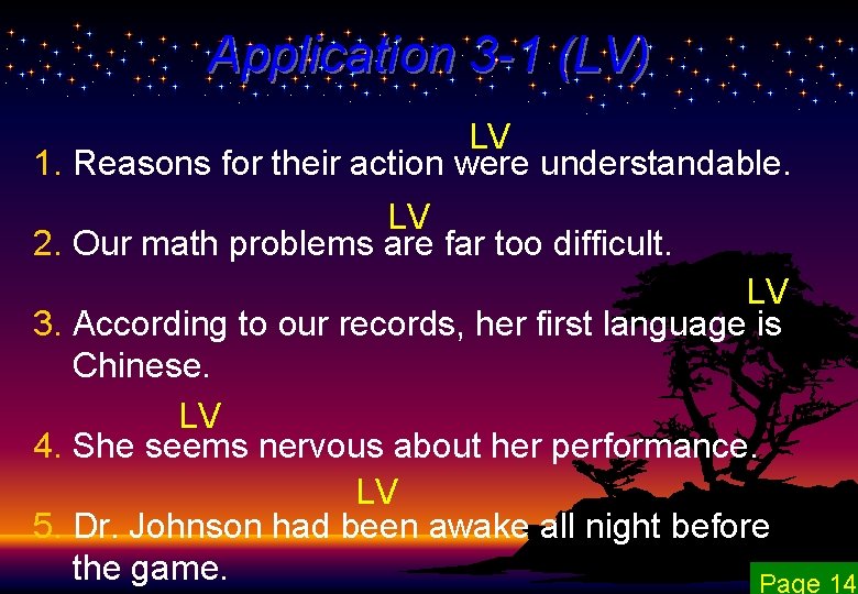 Application 3 -1 (LV) LV 1. Reasons for their action were understandable. LV 2.