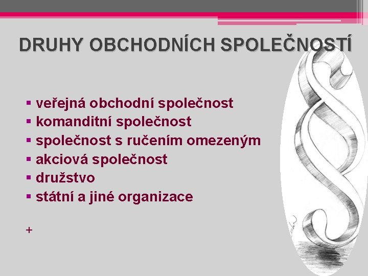 DRUHY OBCHODNÍCH SPOLEČNOSTÍ § veřejná obchodní společnost § komanditní společnost § společnost s ručením