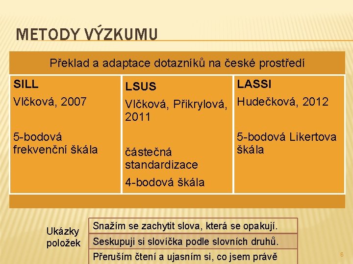 METODY VÝZKUMU Překlad a adaptace dotazníků na české prostředí SILL Vlčková, 2007 LASSI LSUS