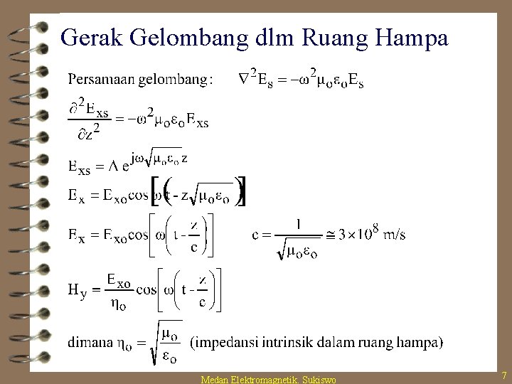 Gerak Gelombang dlm Ruang Hampa Medan Elektromagnetik. Sukiswo 7 