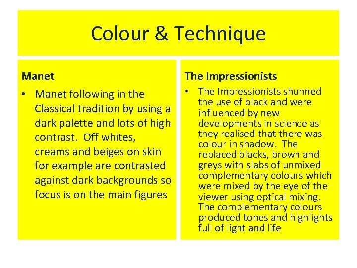 Colour & Technique Manet The Impressionists • Manet following in the Classical tradition by