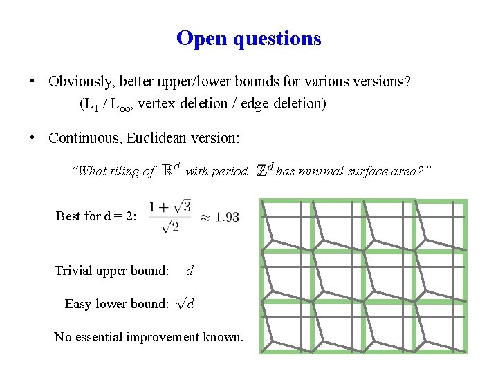 Open questions • Obviously, better upper/lower bounds for various versions? (L 1 / L