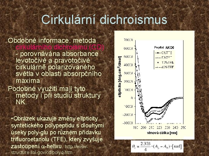 Cirkulární dichroismus Obdobné informace: metoda cirkulárního dichroismu (CD) - porovnávána absorbance levotočivě a pravotočivě