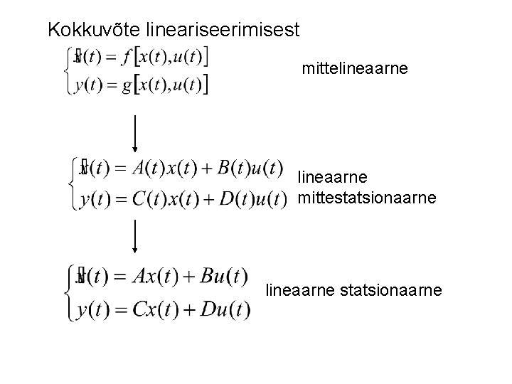 Kokkuvõte lineariseerimisest mittelineaarne mittestatsionaarne lineaarne statsionaarne 