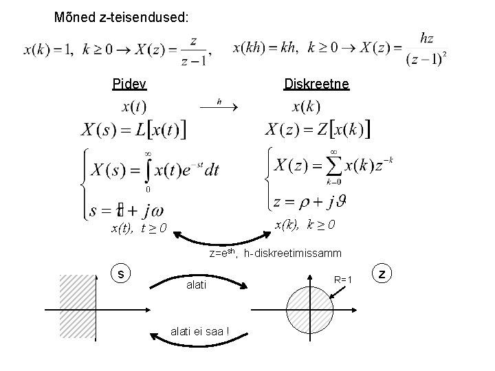 Mõned z-teisendused: Pidev Diskreetne x(k), k ≥ 0 x(t), t ≥ 0 z=esh, h-diskreetimissamm