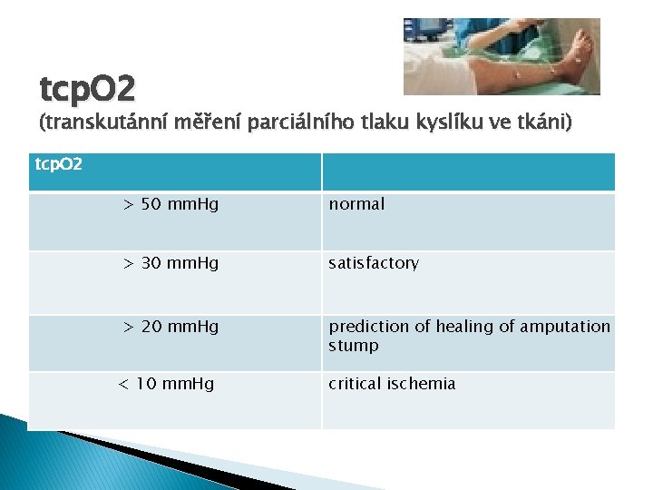 tcp. O 2 (transkutánní měření parciálního tlaku kyslíku ve tkáni) tcp. O 2 >