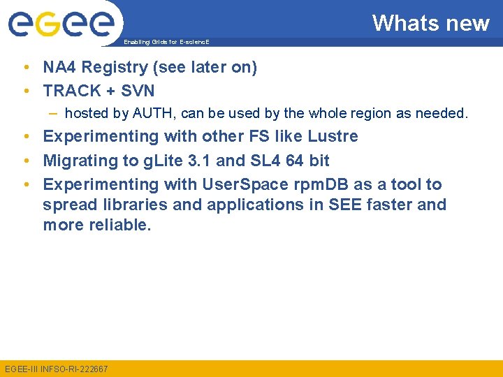 Whats new Enabling Grids for E-scienc. E • NA 4 Registry (see later on)