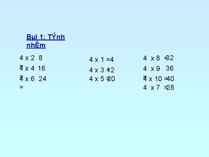 Bµi 1: TÝnh nhÈm 4 x 2 8 = 4 x 4 16 =