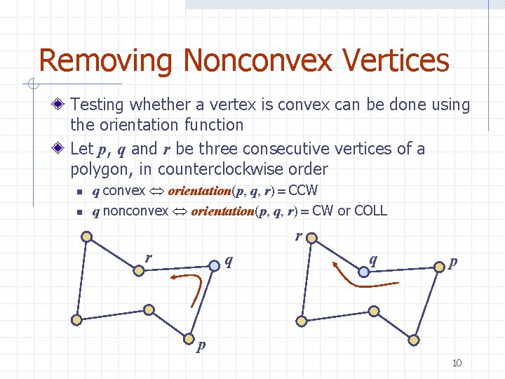 Removing Nonconvex Vertices Testing whether a vertex is convex can be done using the