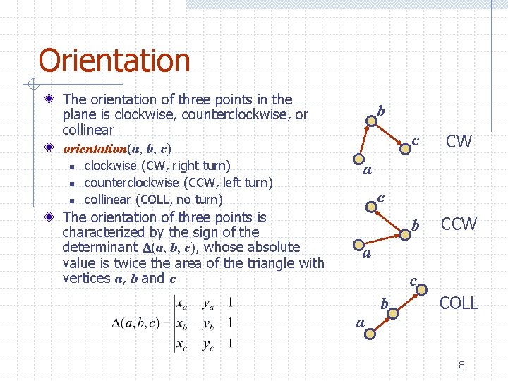 Orientation The orientation of three points in the plane is clockwise, counterclockwise, or collinear