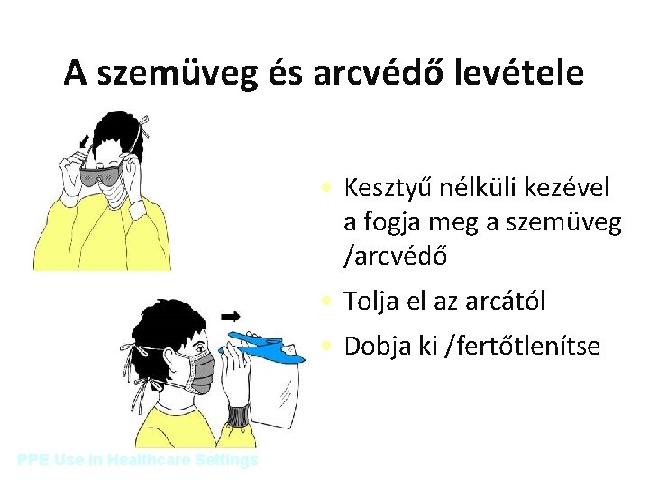 A szemüveg és arcvédő levétele • Kesztyű nélküli kezével a fogja meg a szemüveg