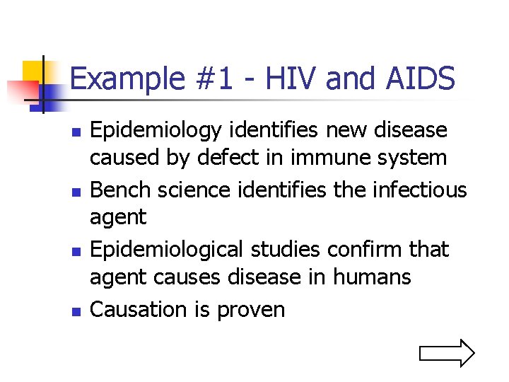 Example #1 - HIV and AIDS n n Epidemiology identifies new disease caused by