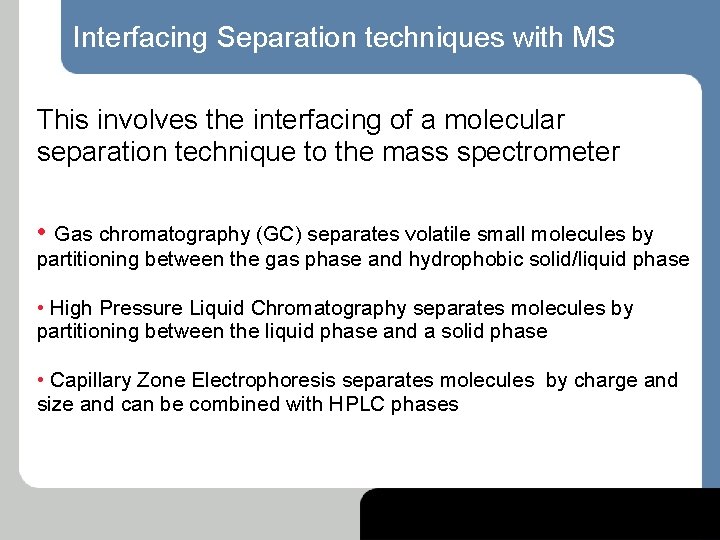 Interfacing Separation techniques with MS This involves the interfacing of a molecular separation technique