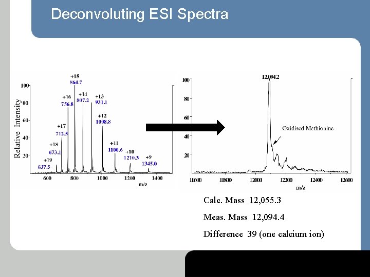 Deconvoluting ESI Spectra Calc. Mass 12, 055. 3 Meas. Mass 12, 094. 4 Difference