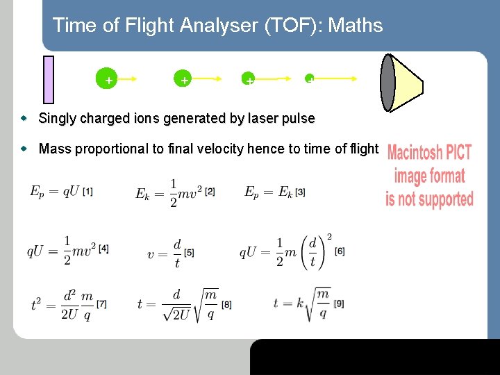 Time of Flight Analyser (TOF): Maths + + w Singly charged ions generated by