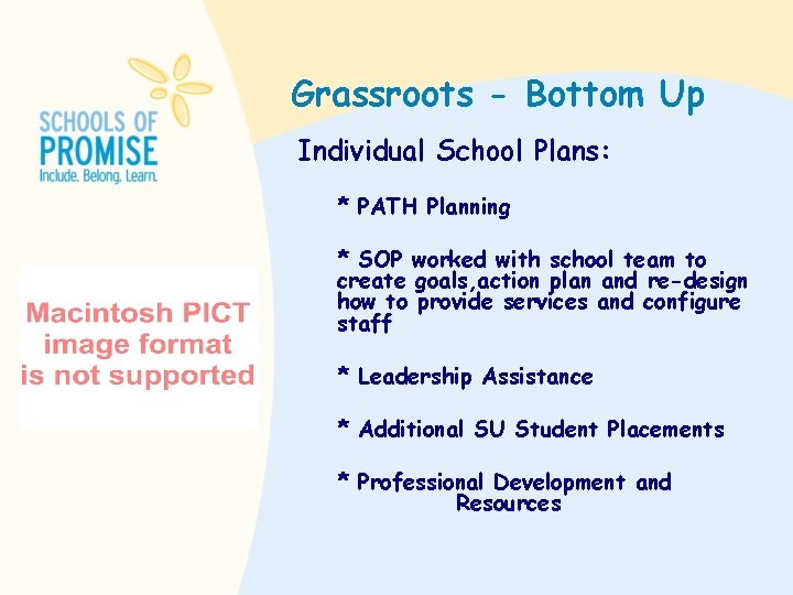 Grassroots - Bottom Up Individual School Plans: * PATH Planning * SOP worked with