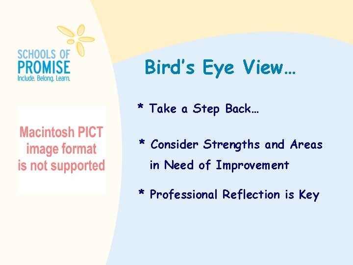 Bird’s Eye View… * Take a Step Back… * Consider Strengths and Areas in