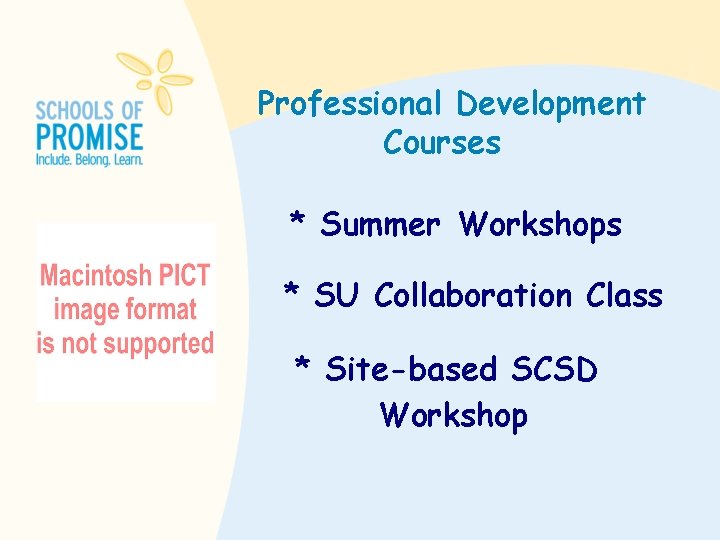 Professional Development Courses * Summer Workshops * SU Collaboration Class * Site-based SCSD Workshop