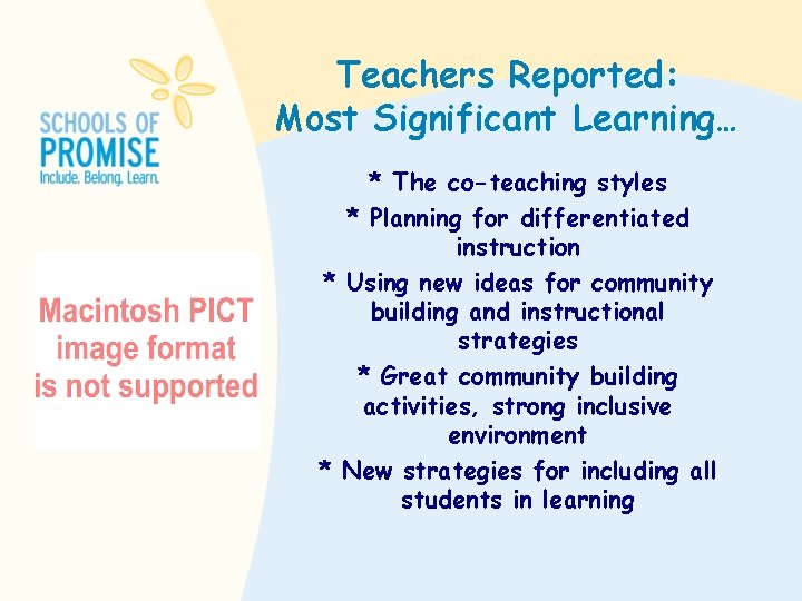 Teachers Reported: Most Significant Learning… * The co-teaching styles * Planning for differentiated instruction