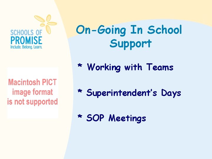 On-Going In School Support * Working with Teams * Superintendent’s Days * SOP Meetings