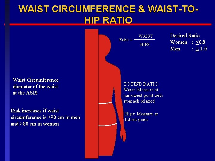 WAIST CIRCUMFERENCE & WAIST-TOHIP RATIO Ratio = Waist Circumference diameter of the waist at