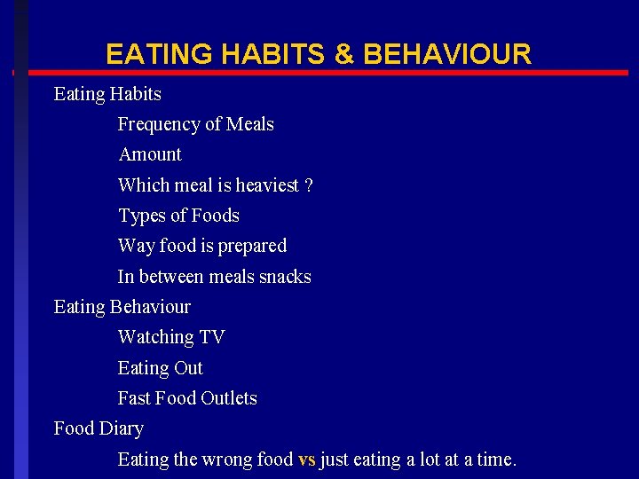 EATING HABITS & BEHAVIOUR Eating Habits Frequency of Meals Amount Which meal is heaviest