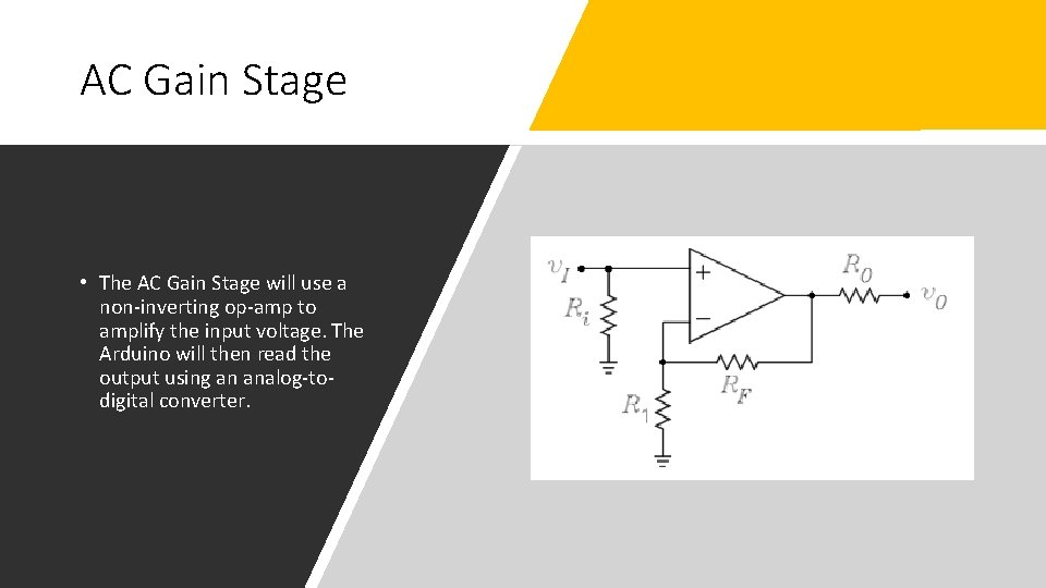 AC Gain Stage • The AC Gain Stage will use a non-inverting op-amp to