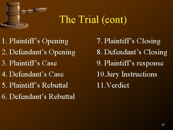 The Trial (cont) 1. Plaintiff’s Opening 2. Defendant’s Opening 3. Plaintiff’s Case 4. Defendant’s