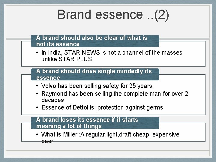 Brand essence. . (2) A brand should also be clear of what is not