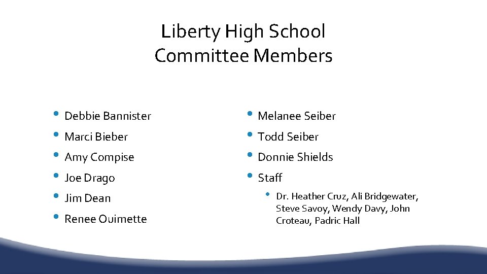 Liberty High School Committee Members • Debbie Bannister • Marci Bieber • Amy Compise