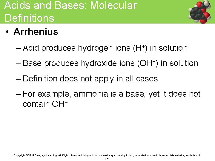 Acids and Bases: Molecular Definitions • Arrhenius – Acid produces hydrogen ions (H+) in