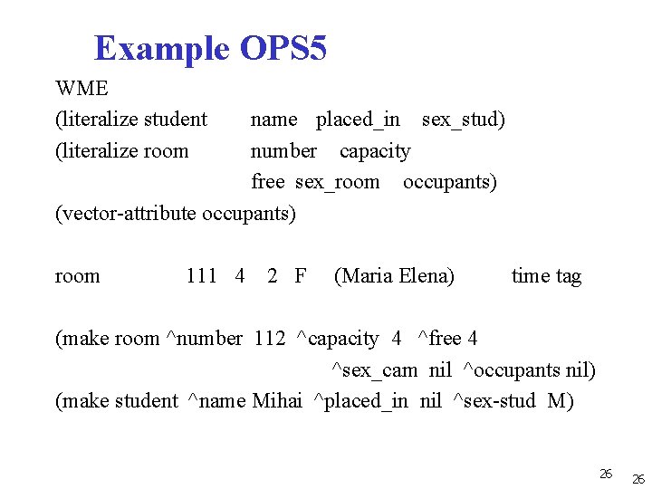 Example OPS 5 WME (literalize student (literalize room name placed_in sex_stud) number capacity free