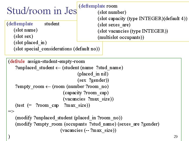 (deftemplate room (slot number) (slot capacity (type INTEGER)(default 4)) (slot sexes_are) (slot vacancies (type