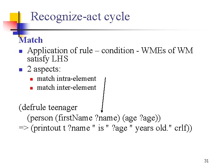 Recognize-act cycle Match n Application of rule – condition - WMEs of WM satisfy