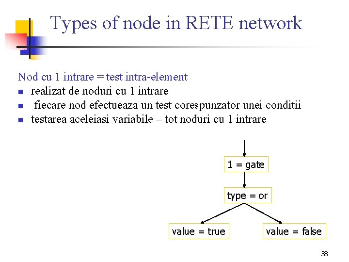 Types of node in RETE network Nod cu 1 intrare = test intra-element n