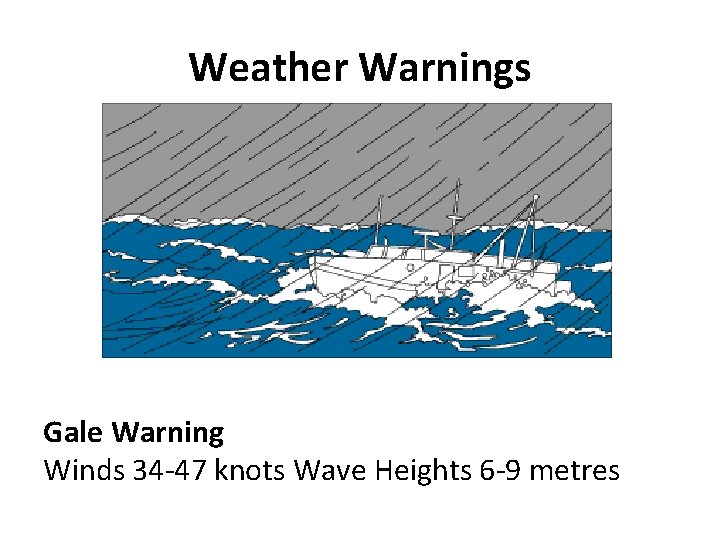 Weather Warnings Gale Warning Winds 34 -47 knots Wave Heights 6 -9 metres 