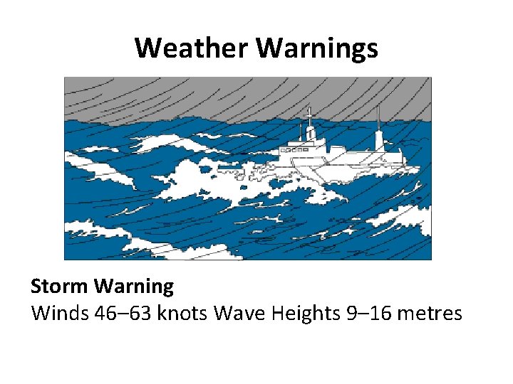 Weather Warnings Storm Warning Winds 46– 63 knots Wave Heights 9– 16 metres 