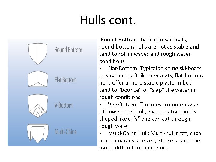 Hulls cont. Round-Bottom: Typical to sailboats, round-bottom hulls are not as stable and tend