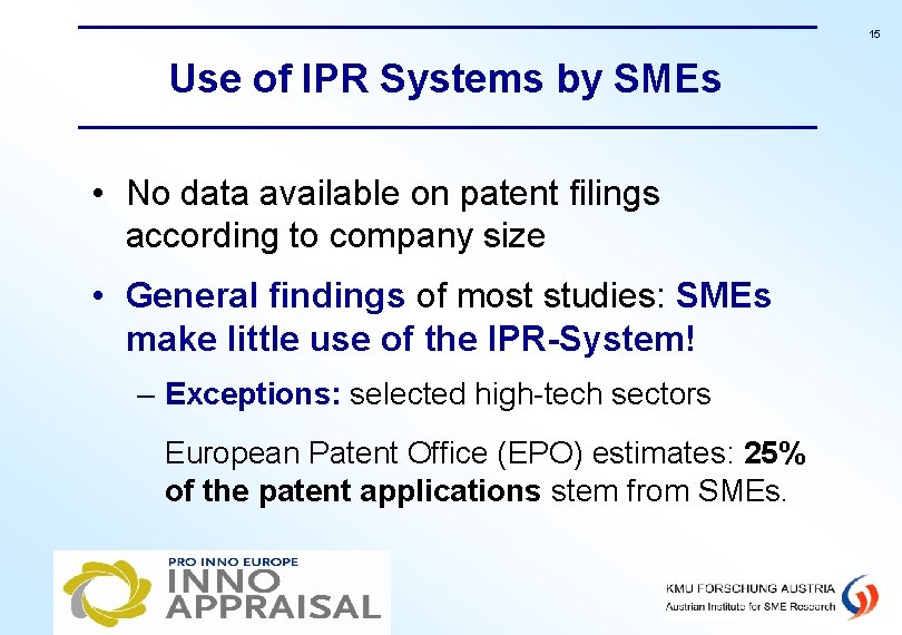 15 Use of IPR Systems by SMEs • No data available on patent filings