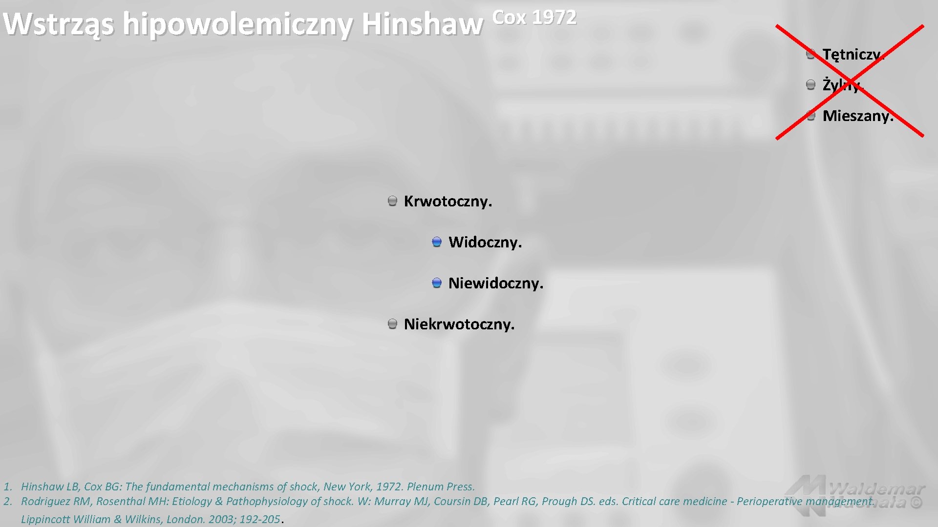 Wstrząs hipowolemiczny Hinshaw Cox 1972 Tętniczy. Żylny. Mieszany. Krwotoczny. Widoczny. Niewidoczny. Niekrwotoczny. 1. Hinshaw