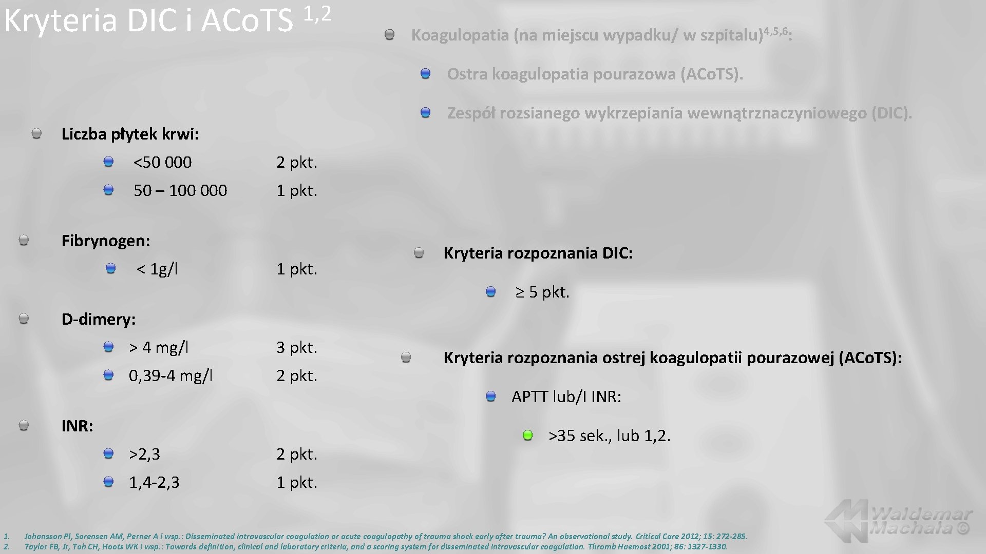 Kryteria DIC i ACo. TS 1, 2 Koagulopatia (na miejscu wypadku/ w szpitalu)4, 5,