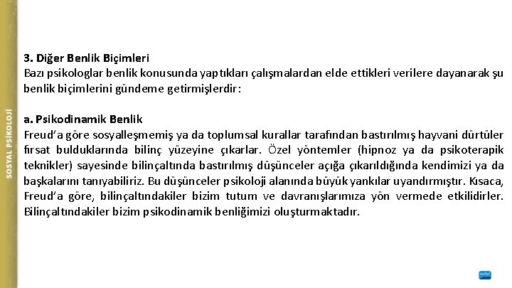 3. Diğer Benlik Biçimleri Bazı psikologlar benlik konusunda yaptıkları çalışmalardan elde ettikleri verilere dayanarak