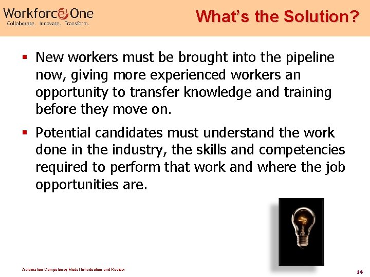 What’s the Solution? § New workers must be brought into the pipeline now, giving