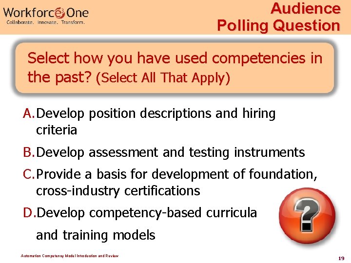 Audience Polling Question Select how you have used competencies in the past? (Select All