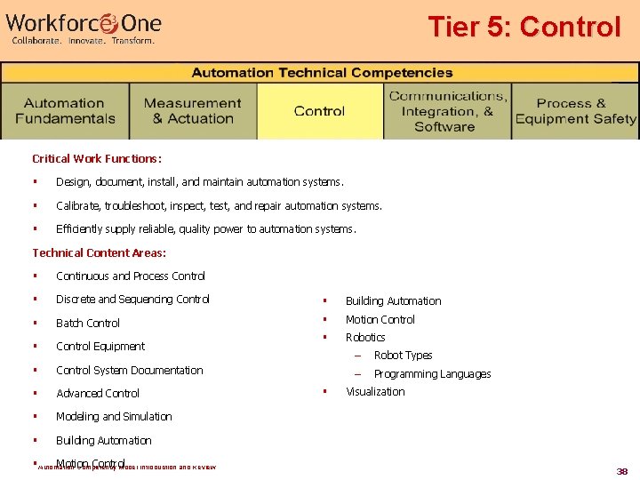 Tier 5: Control Critical Work Functions: § Design, document, install, and maintain automation systems.